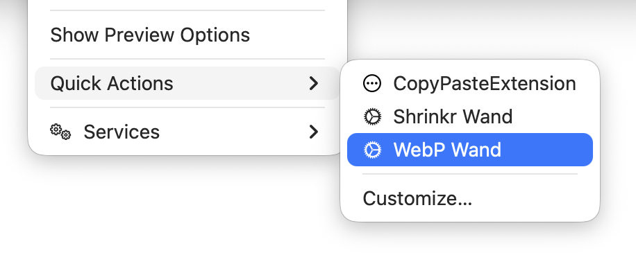 Finder context menu: Quick Actions submenu with WebP Wand selected