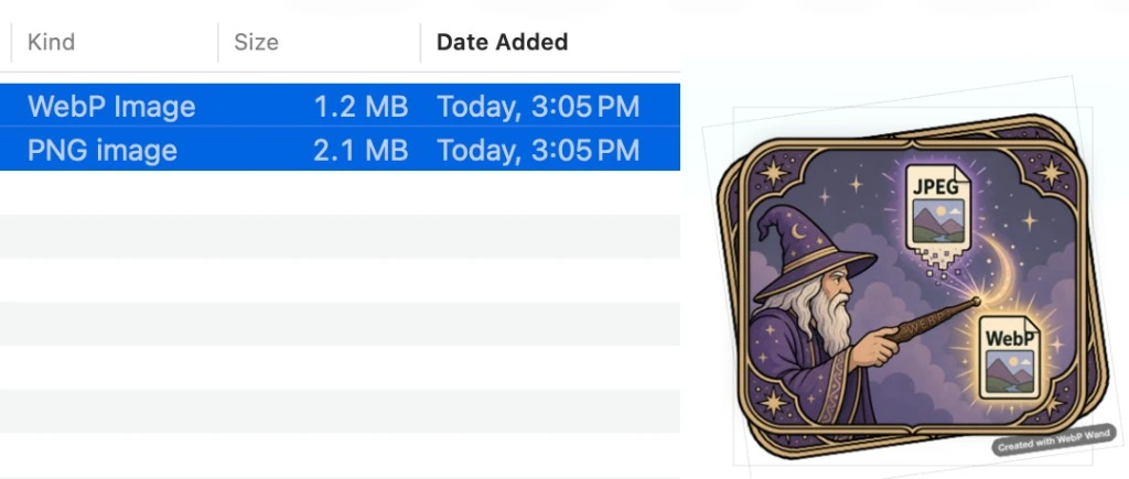Real example: 2.1 MB PNG converted to 1.2 MB WebP with trial watermark visible